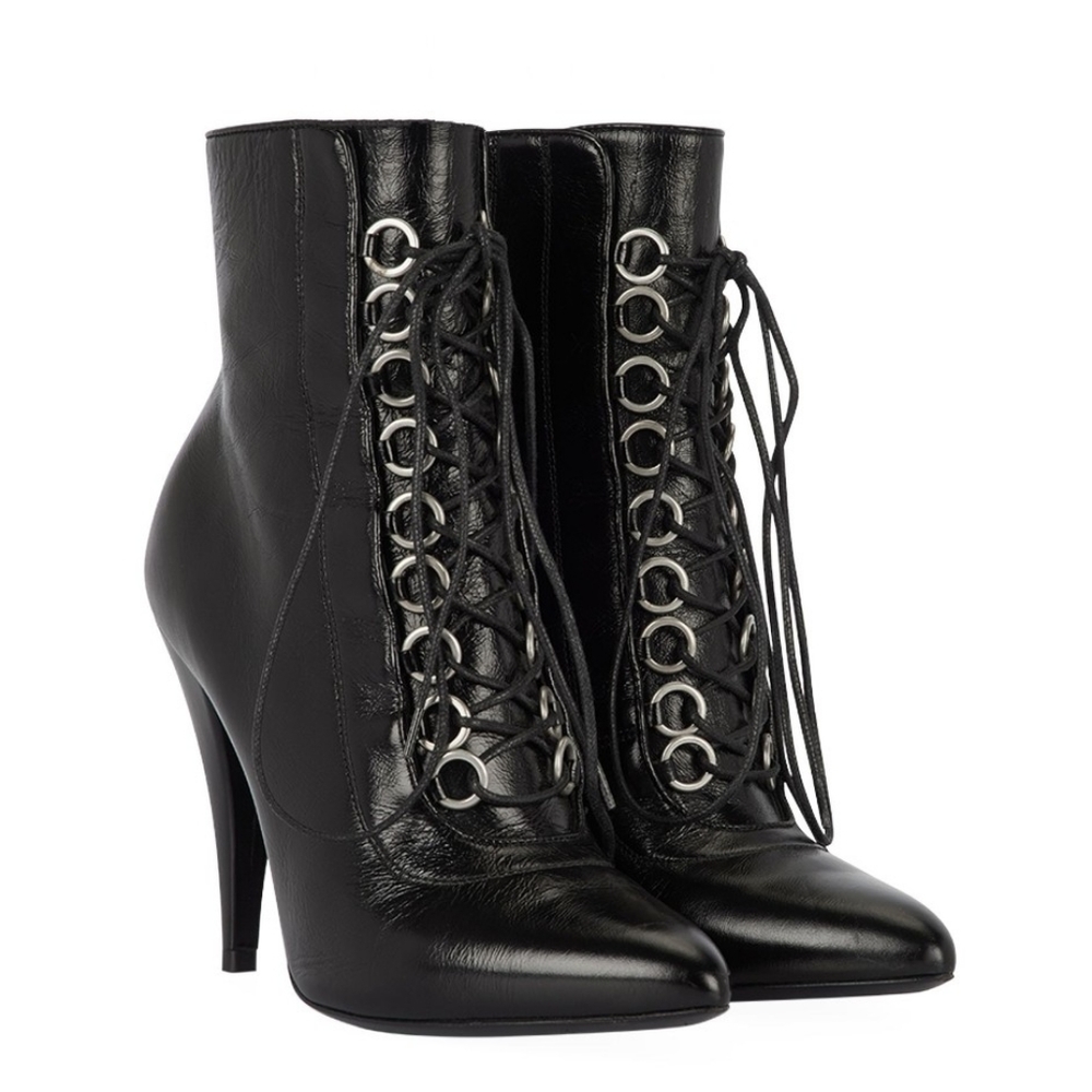 SAINT LAURENT Fetish lace up Textured-leather Ankle Boots